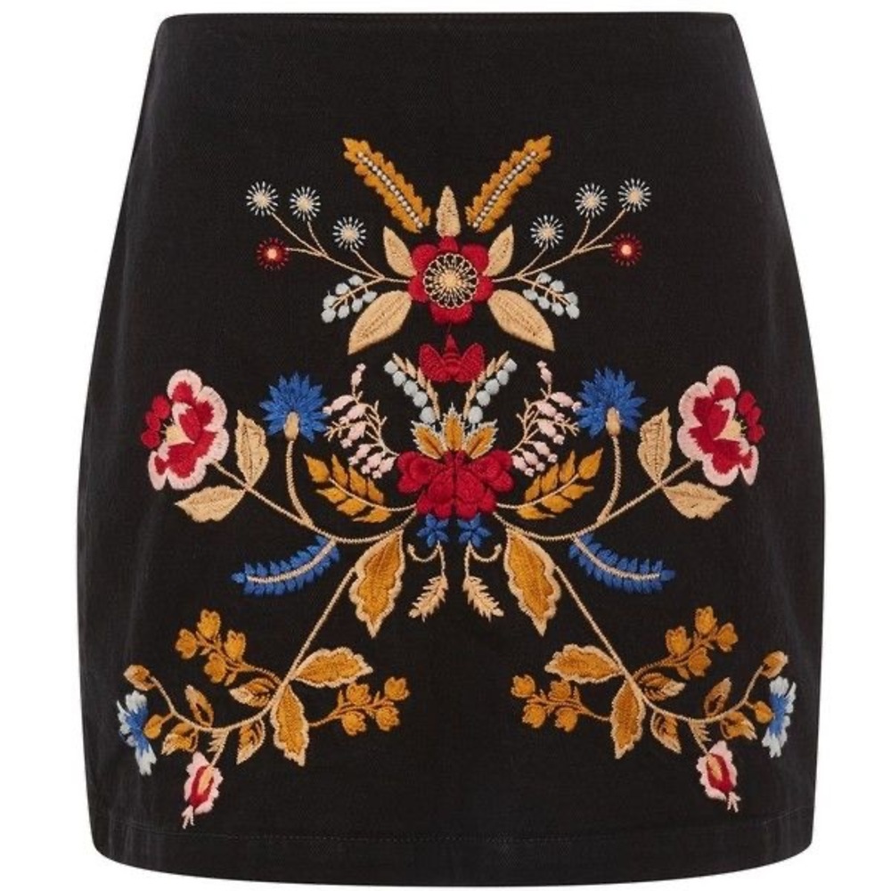 Topshop MOTO Denim Embroidered A-Line Skirt